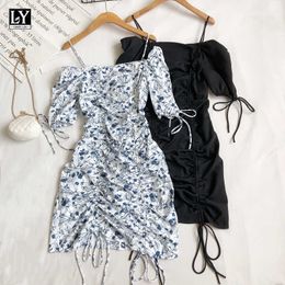 LY VAREY LIN Summer Women Sexy Floral Drawstring Fold Slip Dresses Sweet Straight Shoulder High Waist A-line Female 210526