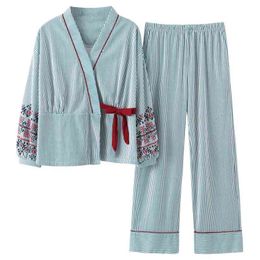 Autumn Pyjamas Women Girl Pyjama Sets Lovely Striped Print Japanese Kimonos For Plus Size 4XL 100% Cotton Yukata 210901