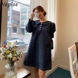 Peter Pan Collar Pullover Long Sleeve Dress Women High Waist Hip A Line Vestidos Spring All Match Loose Robe 210422