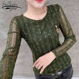 fashion women t shirt long sleeve shirts plus size hollow green striped t-shirt Bright silk skinny tops 2312 50 210427