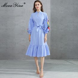Fashion Designer dress Spring Women's Dress Embroidery Lantern Sleeve Stripe Print Loose Dresses 210524
