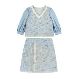 PERHAPS U Blue Patchwork Shirt V Neck Half Sleeve Empire Button Tweed Mini Skirt Two Piece Set Women T0276 210529