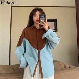 Contrast Colour Patchwork Blouse Women Korean Fashion Chic Loose Shirt Harajuku Streetwear Long Sleeve Blusas 210519