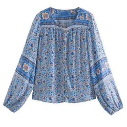 Autumn Bohemian Single-Breasted Button O neck Floral Print Long Sleeve Shirt BOHO Holiday Women Blouse Loose Causal Tops 210429