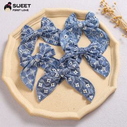 girls princess Hair Accessories fashion kids big bowknot hairs clip with blue fabric long tail bow machine embroidered flower children Barrette D005