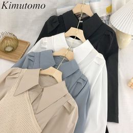 Kimutomo Elegant Patchwork Dresses Women Korean Fashion Female Fake Two-piece Turn-down Collar Long Sleeve Vestido Feminino 210521