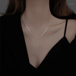 Kedjor 925 Sterling Silver Round Bead Tassel Halsband Kvinnlig Sommar Enkel Clavicle Chain Long Geometric