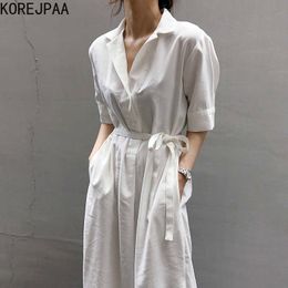 Korejpaa Women Dress Summer Korean Chic Ladies All-Match Lapel Single-Breasted Tie Waist Five-Point Sleeve Shirt Vestidos 210526