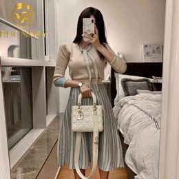 Korea Autumn Fashion Two Piece Set Women Lace up top Knitwear And Split Slim Knit Stripe Skirt Women Elegant Suits 211119