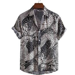 Zebra Shirts Men Short Sleeve Casual Mens Aloha Shirt Beach Hawaiian Leopard Print Camisas Summer Brand Patchwork Splice Camisa 210524