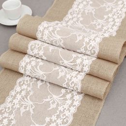 275cm Elegant Jute Table Runner Burlap Lace Table Cloth Table Runners Wedding Party Home Decor Christmas Restaurant Tablecloth 211117