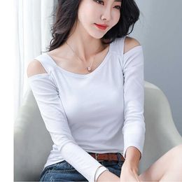 Camisa Feminina Off The Shoulder Tops For Women T Shirt Slash Neck Womens Long Sleeve T-Shirt Female Tshirt Korean Clothes 210615
