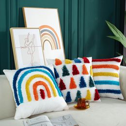 Preferable pillow cases canvas embroidery rainbow pillowcase simple modern cushion cover 45*45 model room decoration waist covers leisure entertainment cafes