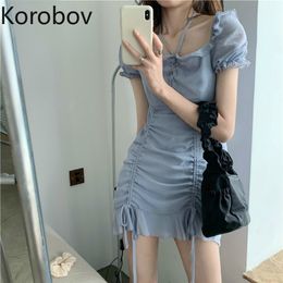 Korobov Summer Square Collar Flare Sleeve Women Dress Vintage Drawstring Dresses Korean A-Line Sexy Mini Vestidos Femme 210430