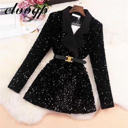 Fashion Women Shiny Sequins Suit Jacket Female Double-breasted Office Work Coat Slim Fit Blazers Autumn Clothes With Belt 211029