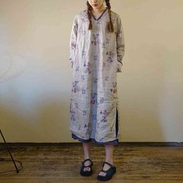 Johnature Women Vintage Long Sleeve Linen Dress Spring Print Flower V-neck Retro All-match Women Pocket Dress 210521