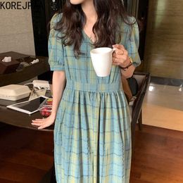 Korejpaa Women Dress Korean Fashion Chic Summer Vintage Commute V-neck-tie Plaid Design Waist Bubble Sleeves Long Vestido 210526