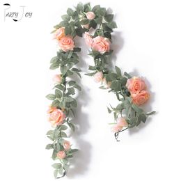 PARTY JOY 2Pcs 2M Fake Silk Rose Vine Artificial Flowers Hanging Ivy Garland for Wedding Home Office Party Garden Craft Decor 210925