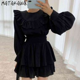 MATAKAWA 2 Piece Set Women Spring Round Neck Blouses Ruffled Long Sleeve Shirt + High Waist Double Layer Cake Women Skirts 210513