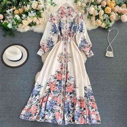 Fitaylor New Autumn Floral Print Dresses Women Turn Down Collar with Belt Single Breasted High Waist A Line Slim Dress 201025
