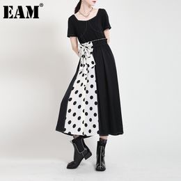 [EAM] Women Black Dot Printed Long Temperament Dress Round Neck Short Sleeve Loose Fit Fashion Spring Summer 1DD7666 21512
