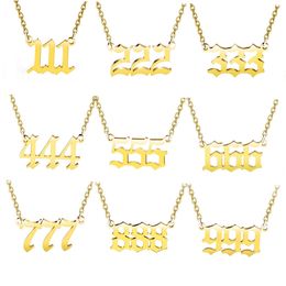 Angel Number Necklace 111 222 333 444 555 666 777 888 999 Silver Old English Gold Numbers Necklaces Stainless Steel Numerology Jewelry