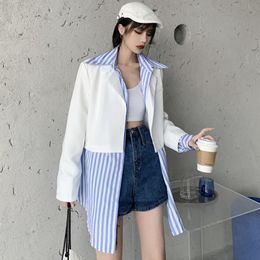 [EWQ] Jacket Colour Matching Vintage Casual Long Suit Coat Women Blazer Stripe blazer Patchwork Black White Women Blazer 210423