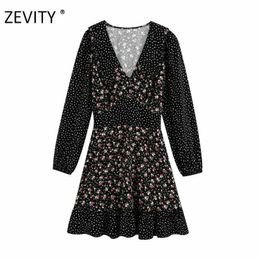ZEVITY Women Vintage flower dots print patchwork hem ruffles mini Dress female elastic waist Vestidos Casual slim Dresses DS4264 210603