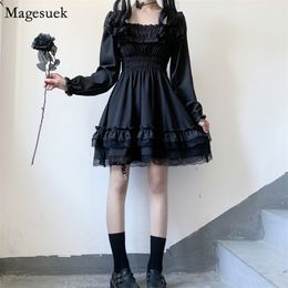 Japanese Gothic Lolita Dress Women Black Lace Party Mini Female Casual Puff Sleeve Ladies es Femme Robe 13242 210512