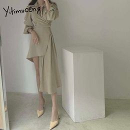 Yitimuceng Irregular Shirt Dress for Women Chiffon Midi Dresses Unicolor Apricot Black Spring Summer Korean Fashion 210601