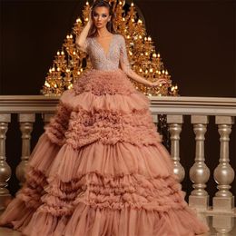 Dust Pink Ball Gown Quinceanera Dresses Illusion Lace Top Prom Gowns Tiered Ruffles Sweet 15 Masquerade Dress