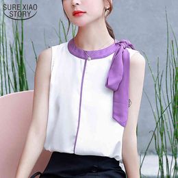 Summer Sleeveless Bow Loose Slim Colour Purple Woman's Shirts Blusas Korean Fashion Stitching Chiffon Blouse Vest Female 10141 210508