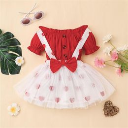 Clothing Sets Baby Girls Summer Tops Skirt Outfits 2Pcs Boat Neck Short Sleeves Heart Print Suspenders For Toddlers