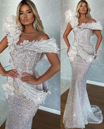 2022 Plus Size Arabic Aso Ebi Sparkly Mermaid Sexy Wedding Dress Sheer Neck Beaded Bridal Gowns Dresses ZJ440