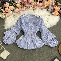 Kimutomo Chic Vintage Striped Blouse Women Hong Kong Style Long Sleeve Slim Waist Single Breasted Shirt Female Summer Fashion 210521