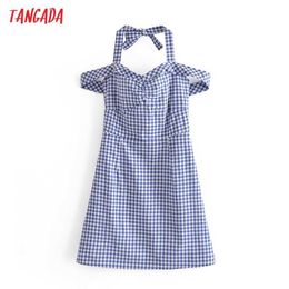 Tangada Fashion Women Blue Plaid Print Halter Dress Sleeveless Backless Female Casual Dress 6M30 210609