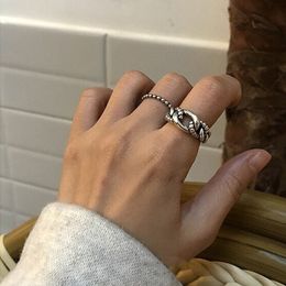 Korean simple street heavy industry s925 sterling silver ring thick hemp rope staggered hollow opening adjustable hip hop Jewellery