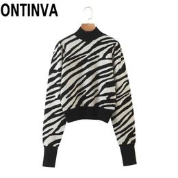 Women's Autumn Zebra Stripe Puff Sleeve Turtle Neck Jumper Warm Sweater Jumpers Black Print High Pullover 210527