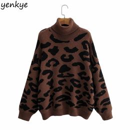 Spring Autumn Women Vintage Leopard Turtleneck Sweater Long Sleeve Casual Pullover Plus Size Christmas Jumper 210514