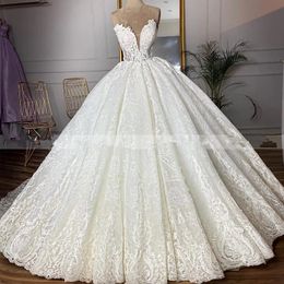 Princess Full Lace A Line Wedding Dresses Ball Gowns 2021 V Neck Puffy Train Plus Size Bridal Party Dress Vestidos De Novia