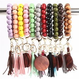 Wood Bead Keychain With Tassel Wooden Beads Bracelet Key Ring Wrist Keychains Bag Pendant Party Favour