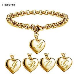 Initial Charm Gold-color Bracelets Stainless Steel Heart 26 Letters Alphabet Bracelet for Women Girls Kids Gifts