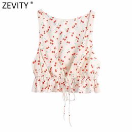 Zevity Women Sweet Cherry Print Hem Lace Up Ruffle Short Smock Blouse Lady French Style Beach Shirt Chic Crop Blusas Tops LS9364 210603