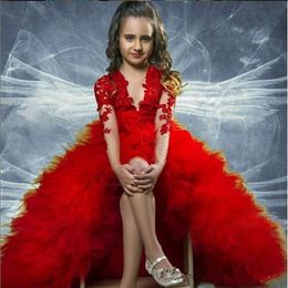 Red Lace Appliqued High Low Flower Girl Dresses For Wedding Tiered Skirts Little Girls Pageant Dress Feather First Holy Communion Gowns