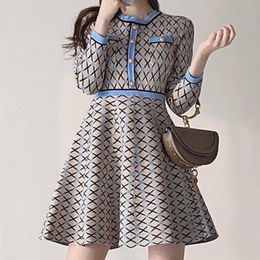 Casual Dresses 2021 Autumn Winter Colour Contrast Chic Knitted Mini Dress Korea Button Jacquard Geometric Pattern Sweater Vintage Robe