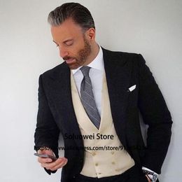 Men's Suits & Blazers Fashion Tweed Mens Double Breasted 3 Piece Jacket Vest Pants Set Groom Wedding Peaked Lapel Tuxedo Formal Business Bla