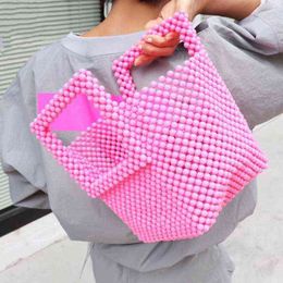 Totes Clutch Fashionable Beach Holiday Retro Hand Pink Niche Design Hand-woven Handbag Beaded for Woman 1124