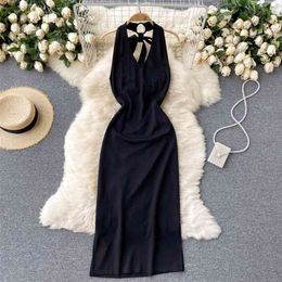 Women's Summer Dress Fashion Black V-neck Sleeveless High Waist Slim Open Back Split Sexy Evening Party Long Vestidos 210603