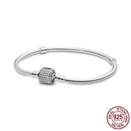 Classic 925 Sterling Silver Sparkling Pave Clasp Snake Chain Bracelet For Women Fit Original Brand DIY Charm Beads Jewelry Gift