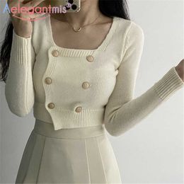 Aelegantmis Casual Women Knitted Short Pullovers Female Korean Square Collar Button Crop Sexy Sweater Tops Cropped 210607